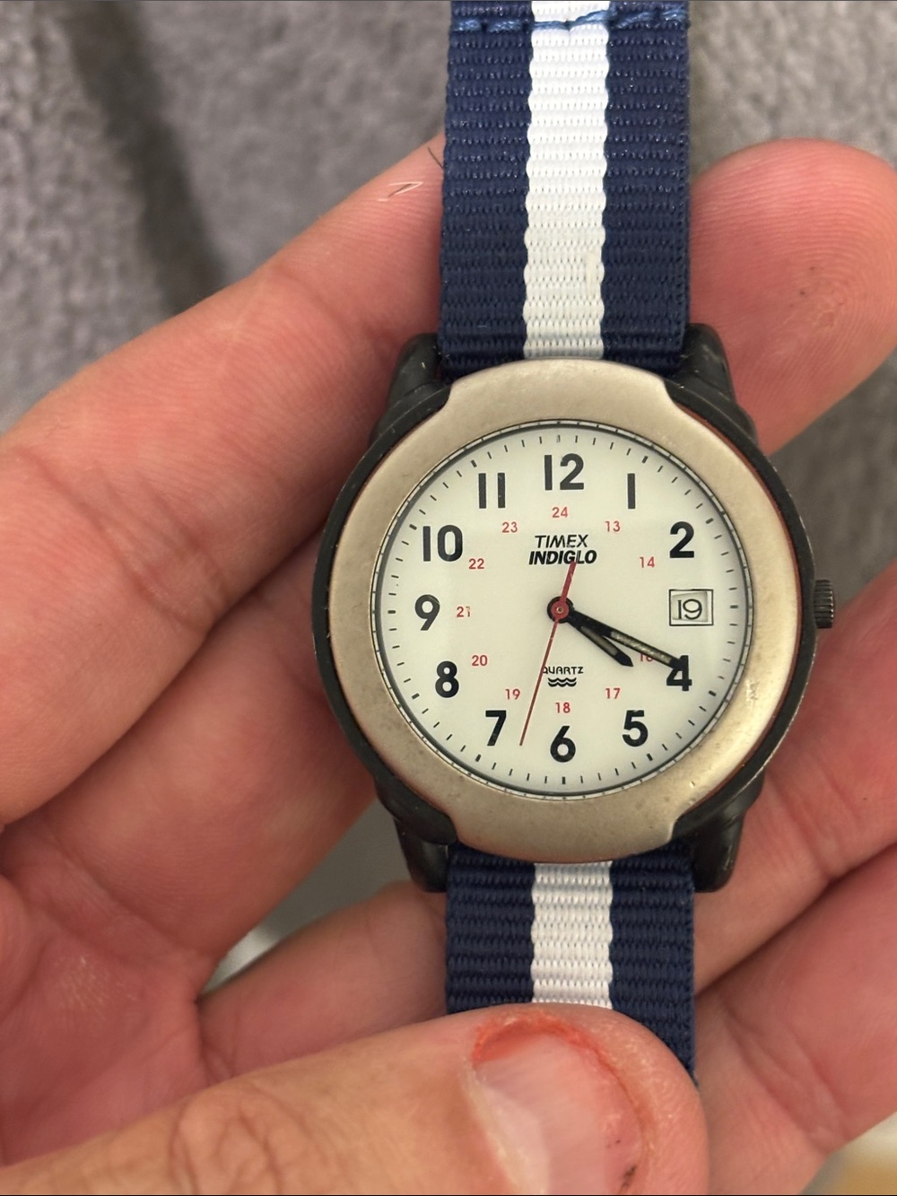 Timex Indiglo White Dial Watch with Navy and White Stripe Strap